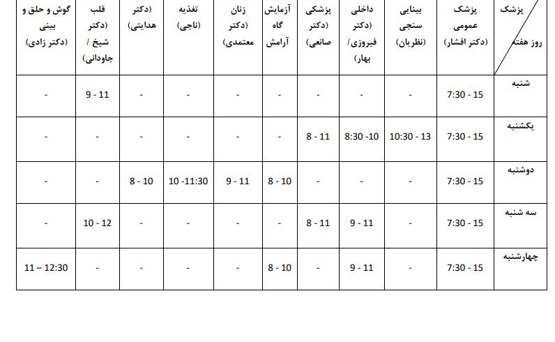 برنامه روزهای حضور پزشکان در مرکز بهداشت و درمان دانشگاه علامه طباطبائی