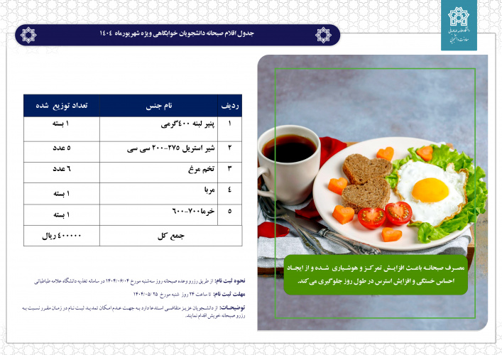 ثبتنام ارزاق صبحانه دانشجویی برای ساکنان خوابگاههای دانشگاه علامهطباطبائی