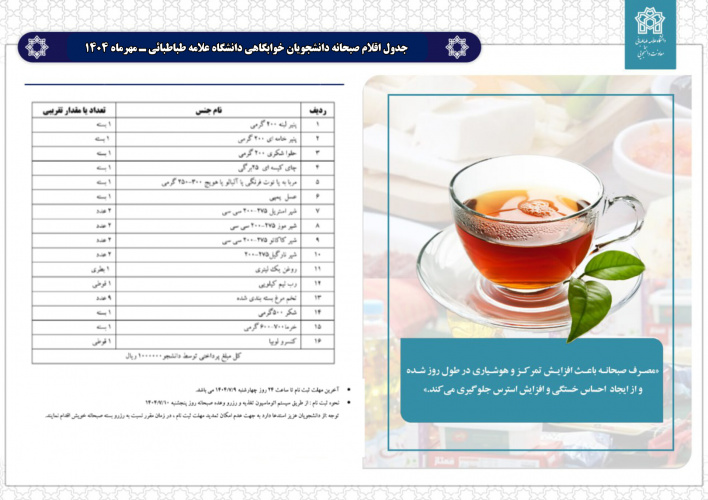 اطلاعیه ثبت‌نام ارزاق صبحانه دانشجویان خوابگاهی دانشگاه علامه طباطبائی ـ مهرماه ۱۴۰۴